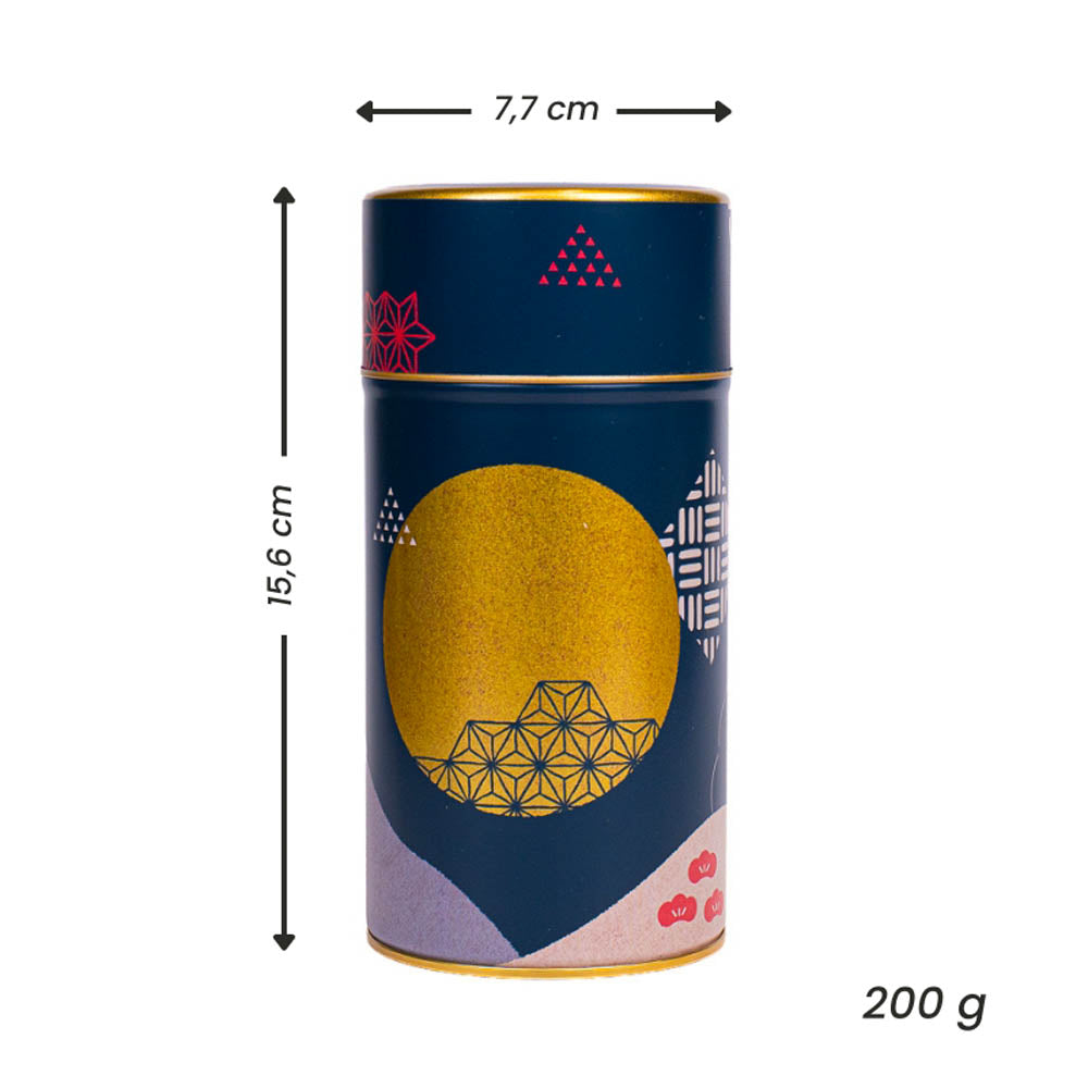 Japanilainen teepurkki, sininen metalli, yöllinen kuu ja kultainen kuu