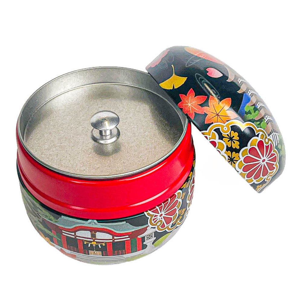 Meisho-e: pyöreä japanilainen metallinen teepurkki