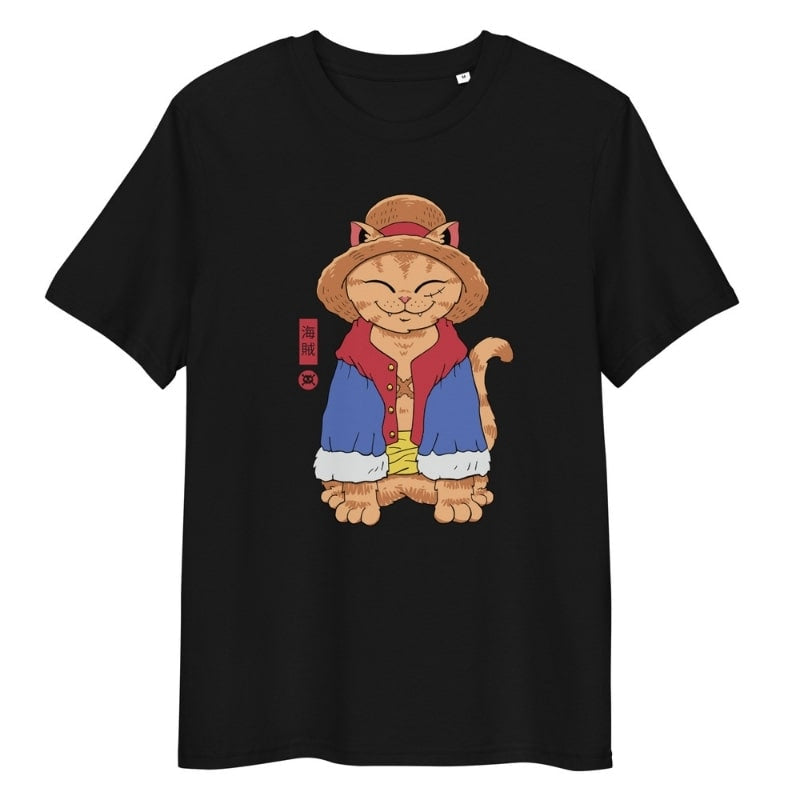 Japanilainen Neko olkihattu T-paita - S / Musta