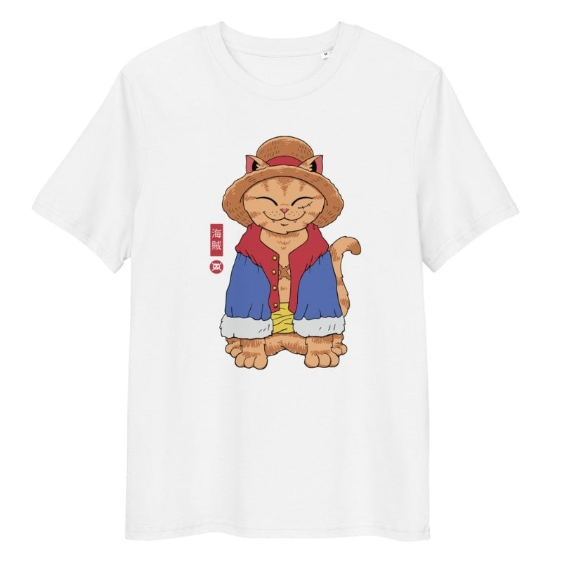Japanilainen Neko olkihattu T-paita - S / Valkoinen