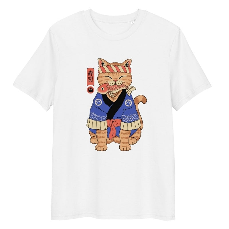 Japanilainen Neko Sushi Master T-paita - S / Valkoinen