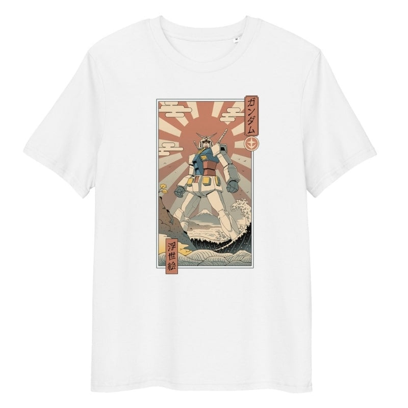 Japanilainen Ukiyo-e Mecha & Fuji T-paita - S / Valkoinen