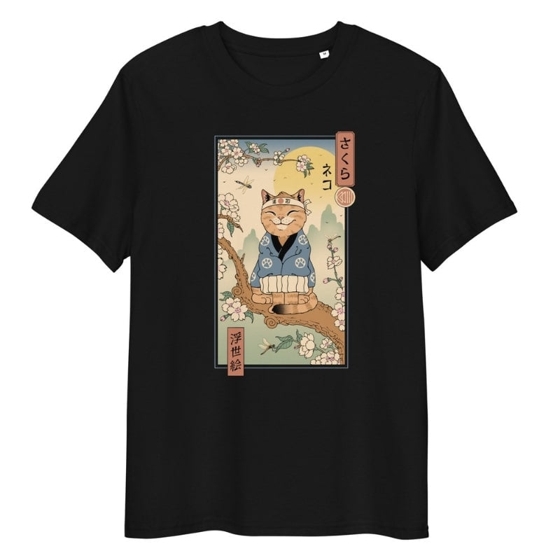 Japanilainen Ukiyo-e Neko Sakura T-paita - S / Musta