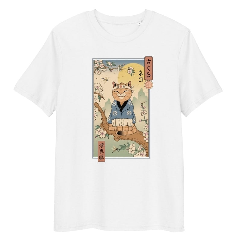 Japanilainen Ukiyo-e Neko Sakura T-paita - S / Valkoinen