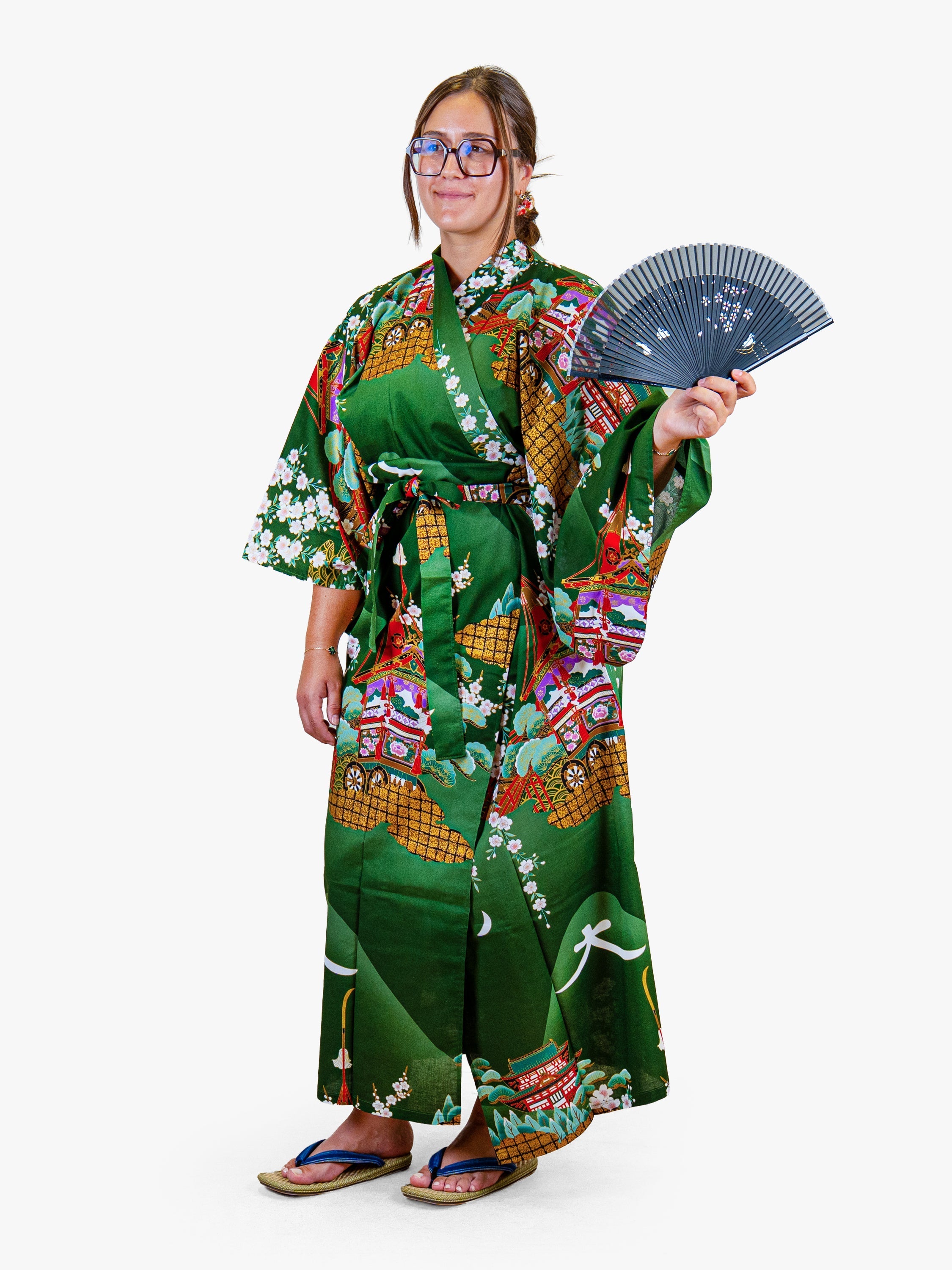 Naisten japanilainen kimono, vihreä, Guruma