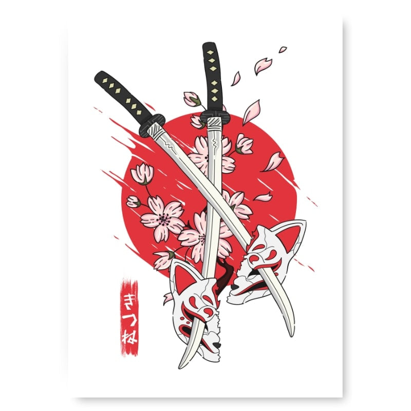 Japanilainen Kitsune & Katana juliste - A3