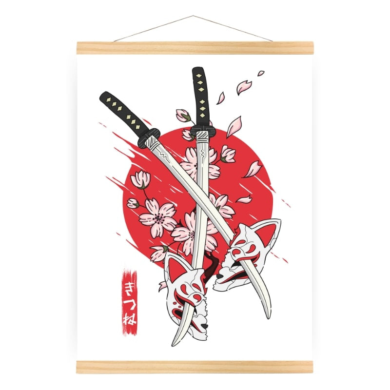 Japanilainen Kitsune & Katana juliste - A3