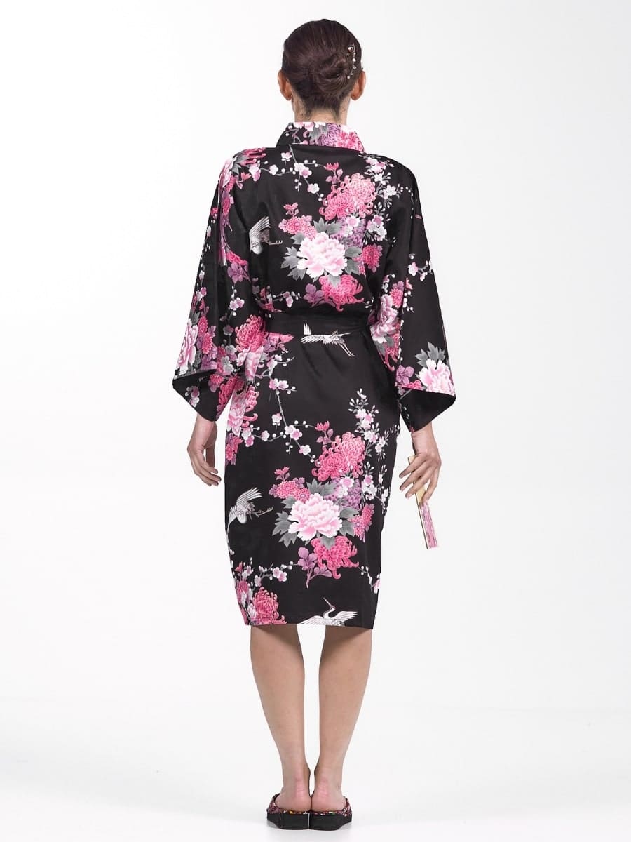 Naisten Happi Black Crane & Flowers Kimono - Yhden kokoinen