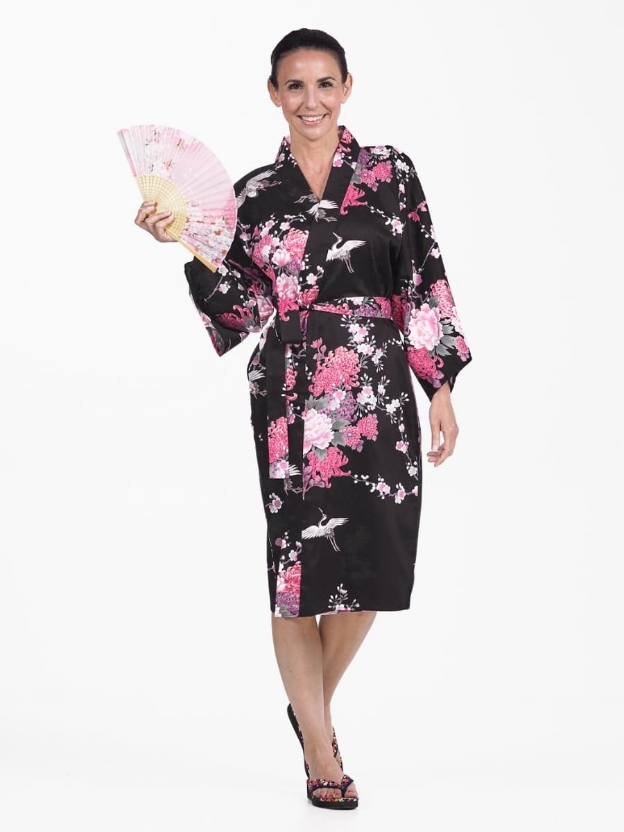 Naisten Happi Black Crane & Flowers Kimono - Yhden kokoinen