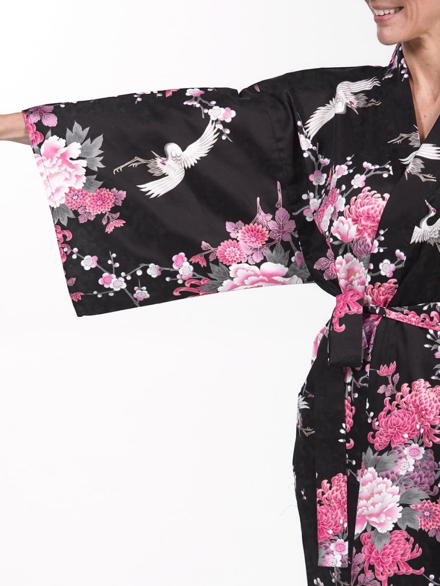 Naisten Happi Black Crane & Flowers Kimono - Yhden kokoinen