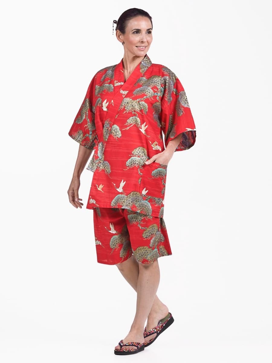 Naisten japanilainen Jinbei Punainen kurki ja mänty - S