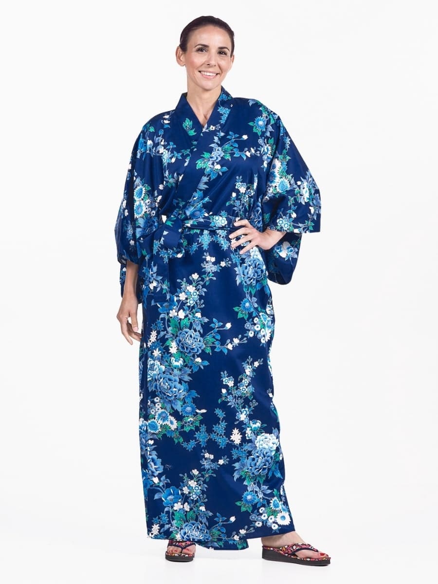 Naisten japanilainen Kimono Blue Hana - Yksi koko