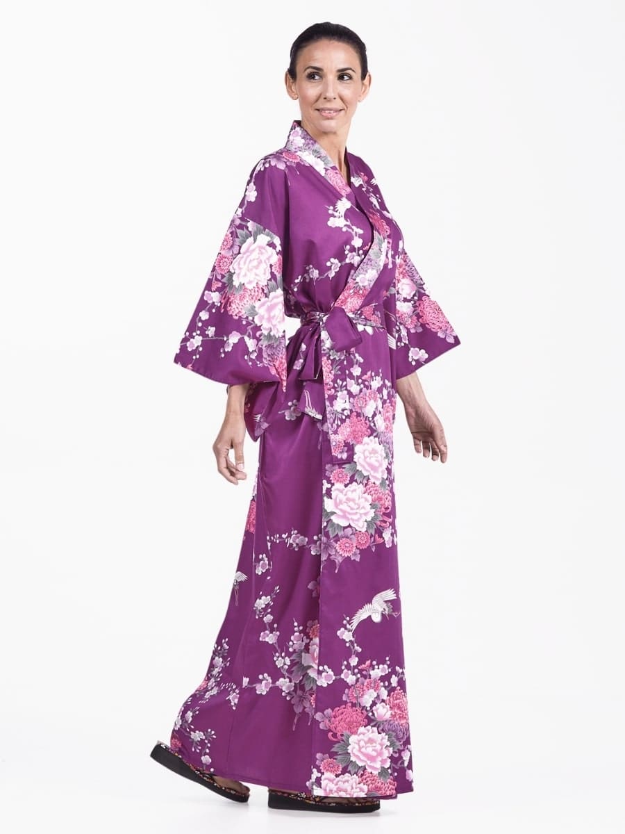 Naisten japanilainen Kimono Purple Peony & Crane - Yhden kokoinen
