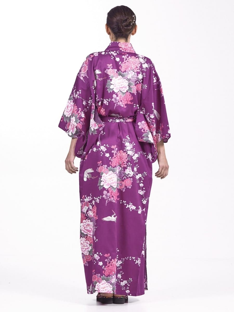 Naisten japanilainen Kimono Purple Peony & Crane - Yhden kokoinen