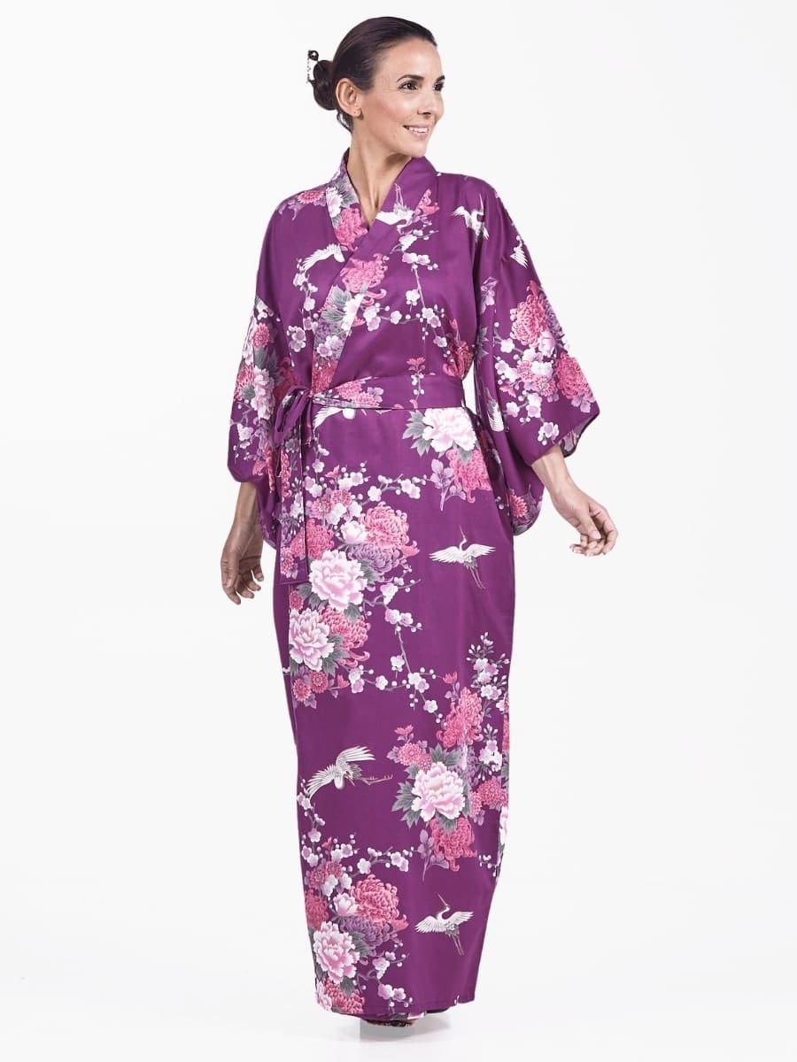 Naisten japanilainen Kimono Purple Peony & Crane - Yhden kokoinen