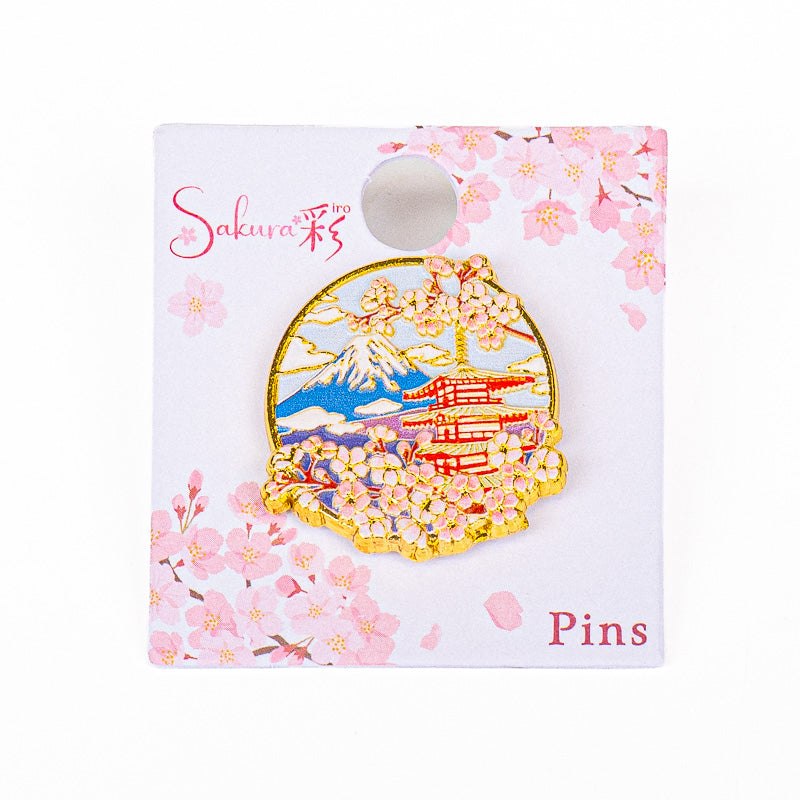 Japanilainen metallinen rintaneula, jossa on Fuji-temppeli ja sakura-kukka