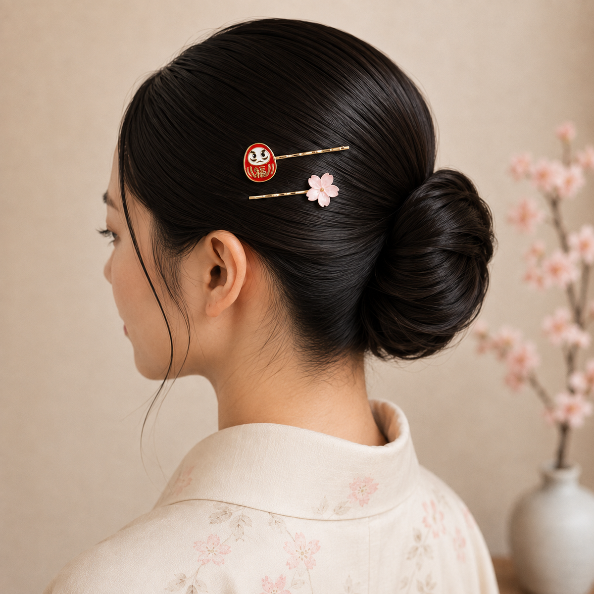 Japanilaiset Daruma- ja Sakura-hiusklipsit