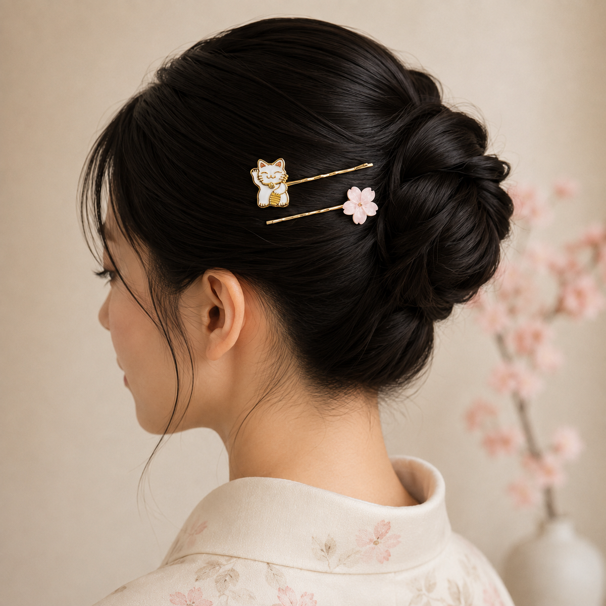 Japanilaiset Maneki-Neko- ja Sakura-hiusklipsit