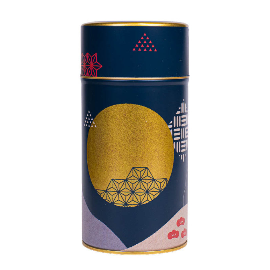 Japanilainen teepurkki, sininen metalli, yöllinen kuu ja kultainen kuu