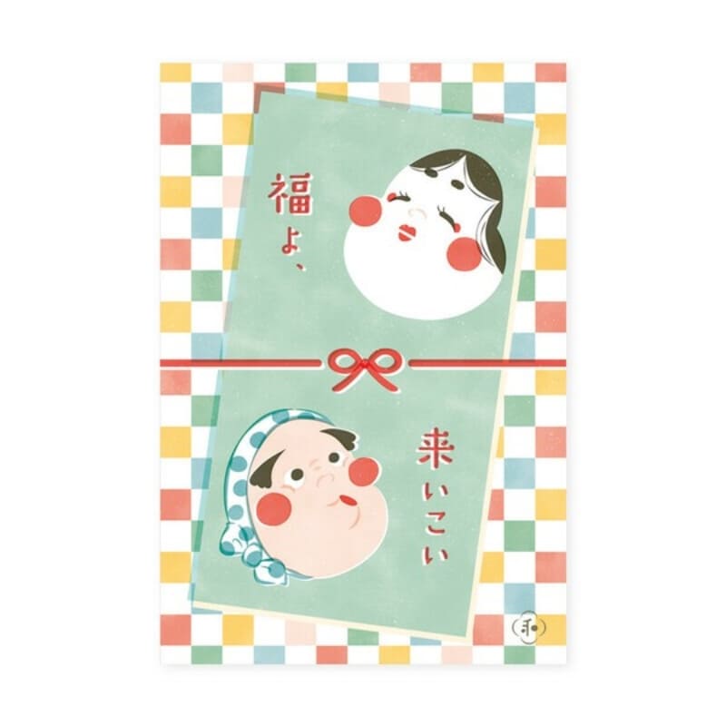 Japanilainen postikortti Otafuku & Hyottoko