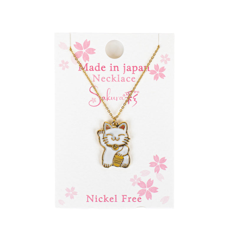 Japanilainen kaulakoru, valkoinen ja kultainen Maneki-Neko-riipus