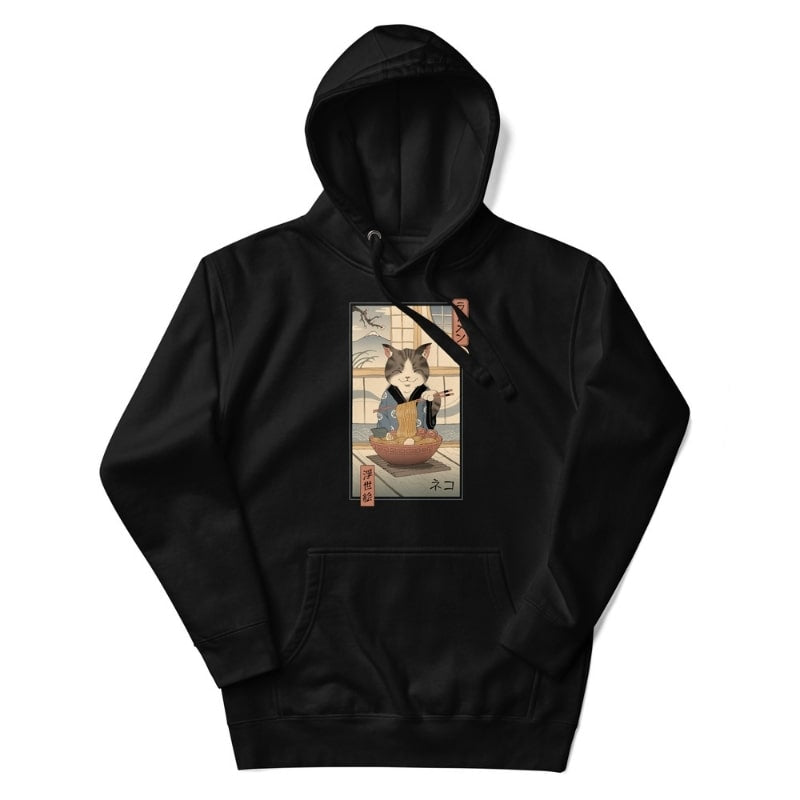 Japanilainen Ukiyo-e Neko Ramen huppari - S / Musta