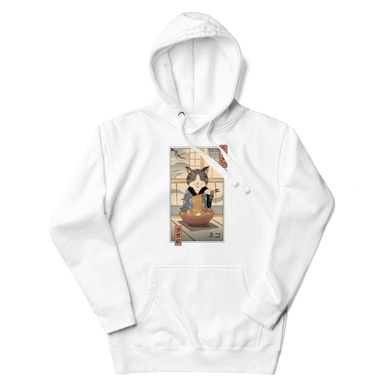 Japanilainen Ukiyo-e Neko Ramen huppari - S / Valkoinen