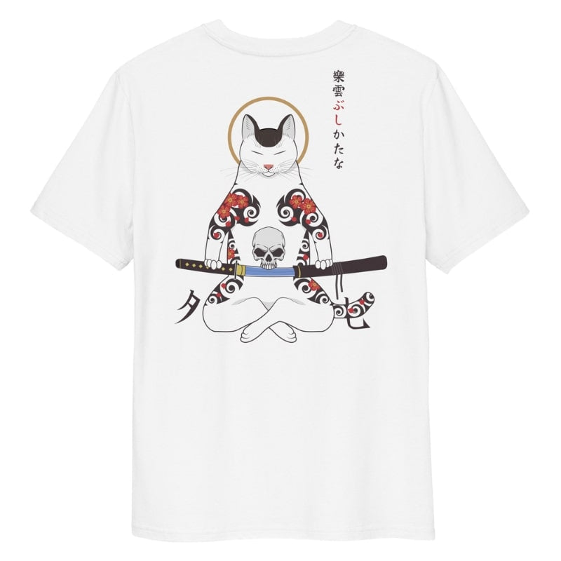 Japanilainen samurai-kissa T-paita - S / Valkoinen