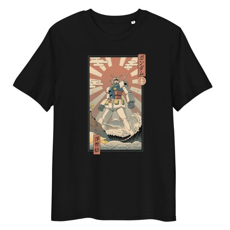 Japanilainen Ukiyo-e Mecha & Fuji T-paita - S / Musta