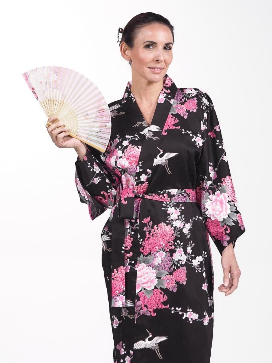 Naisten Happi Black Crane & Flowers Kimono - Yhden kokoinen
