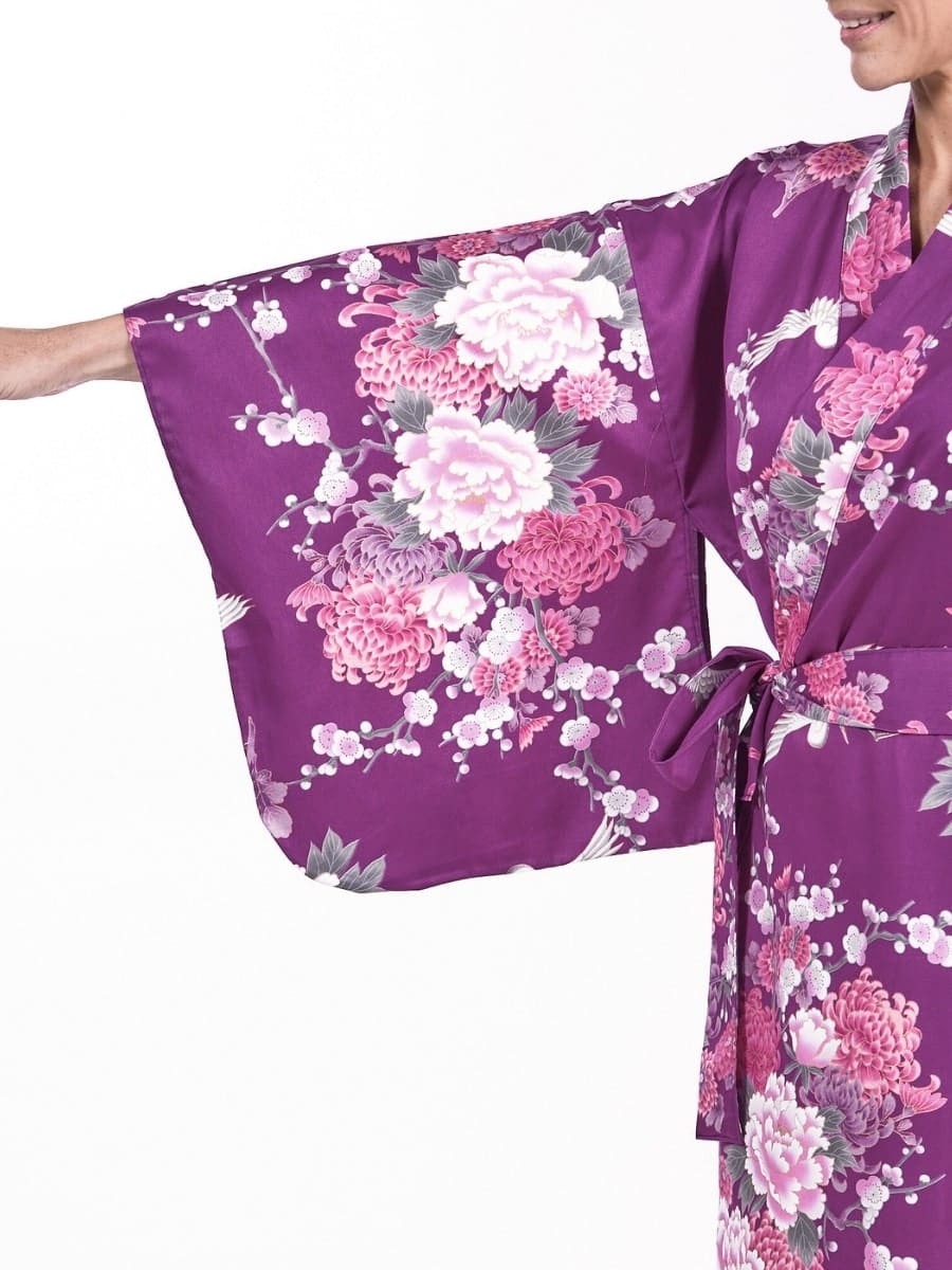 Naisten japanilainen Kimono Purple Peony & Crane - Yhden kokoinen