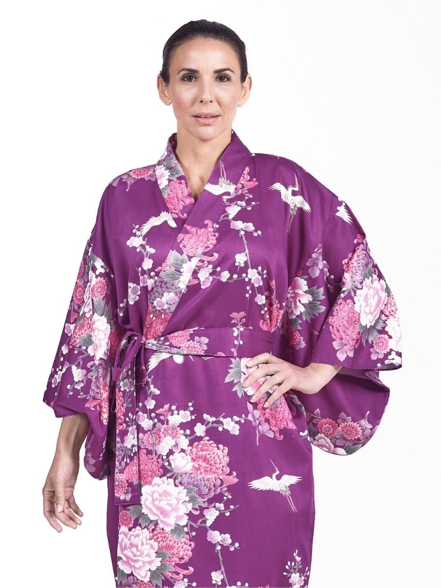 Naisten japanilainen Kimono Purple Peony & Crane - Yhden kokoinen