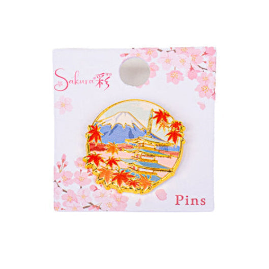 Japanilainen metallinen rintaneula: Momiji-temppeli ja Fuji