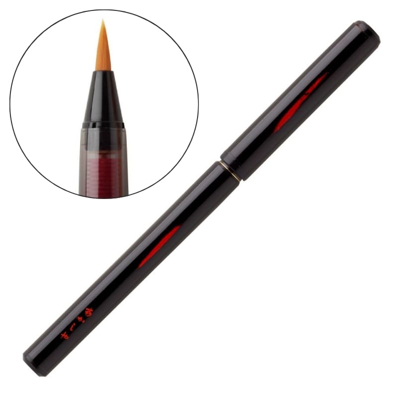 Mustaksi lakattu bambuharjakynä ja puulaatikko