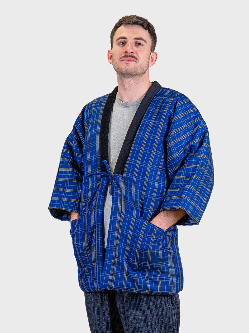 Kōshi-merkin sininen ruudullinen Hanten-takki miehille