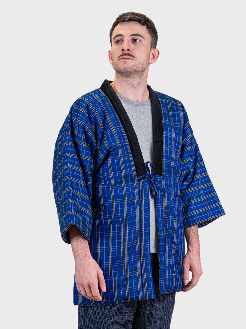 Kōshi-merkin sininen ruudullinen Hanten-takki miehille